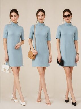 Zara Powder Blue Short Sleeve Turtleneck Mini Dress